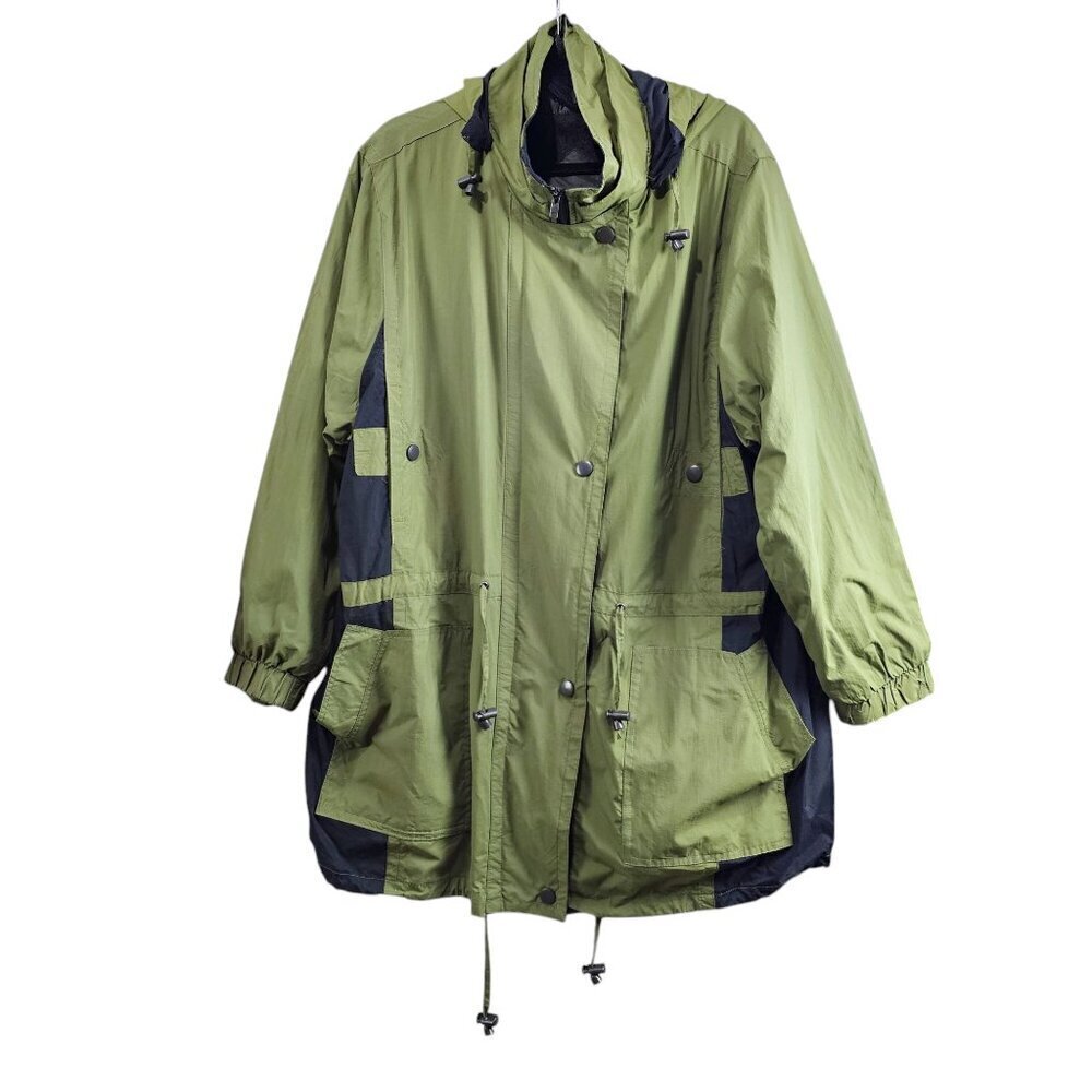 Woman Within Colorblocked Taslon Anorak Rain Coat Olive Hooded Detach Jacket
